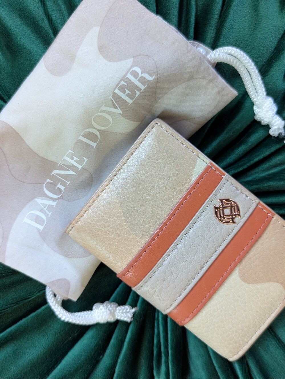 Dagne Dover Leather Card Holder in Beige and Coral Stripe